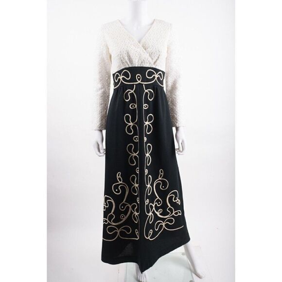 Vintage Dresses & Skirts - Vintage Womens Hostess Maxi Dress XS S Empire waist Black White Lace Long Sleeve